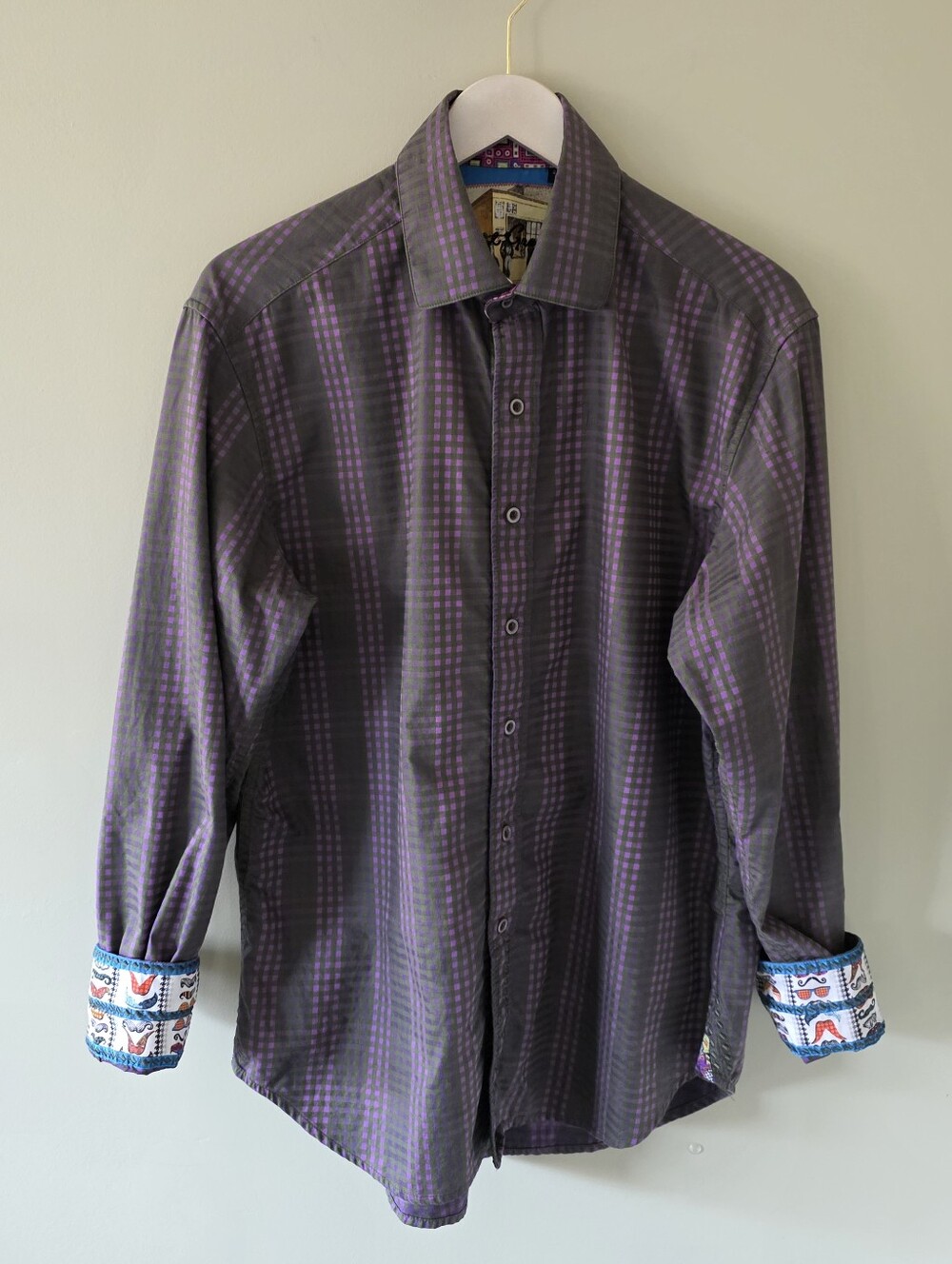 Robert Graham M Eclectic Retro Preppy Checkered Mustache Flip Cuff Dress Shirt